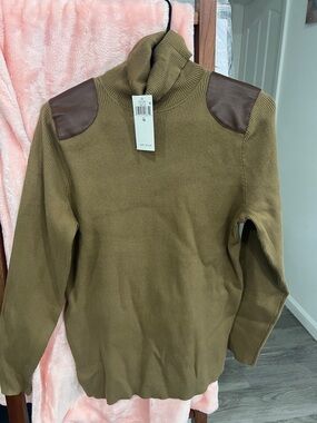 Ralph Lauren Olive Green Turtleneck Sweater with Brown Shoulder Patches